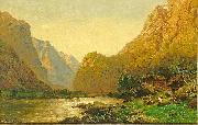 Carl jun. Oesterley Romantische Flusslandschaft mit Personenstaffage an einem prachtvollen Sommertag Spain oil painting artist